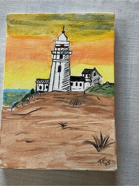 Hand-Painted Lighthouse Canvas Art - Yellow & Brown Coastal Scene
